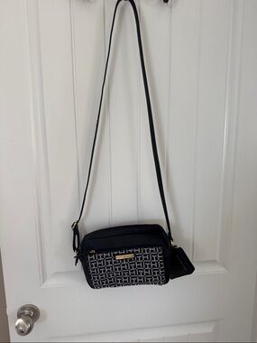Tommy Hilfiger Black Monogram Crossbody Bag with Gold Hardware